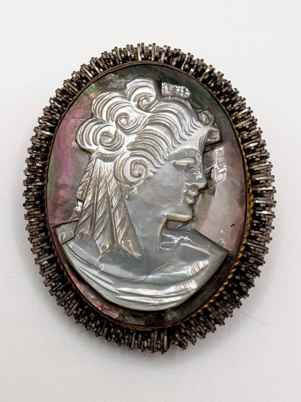 Vintage Cameo Brooch Pendant Mother of Pearl Gold Tone Mid Century